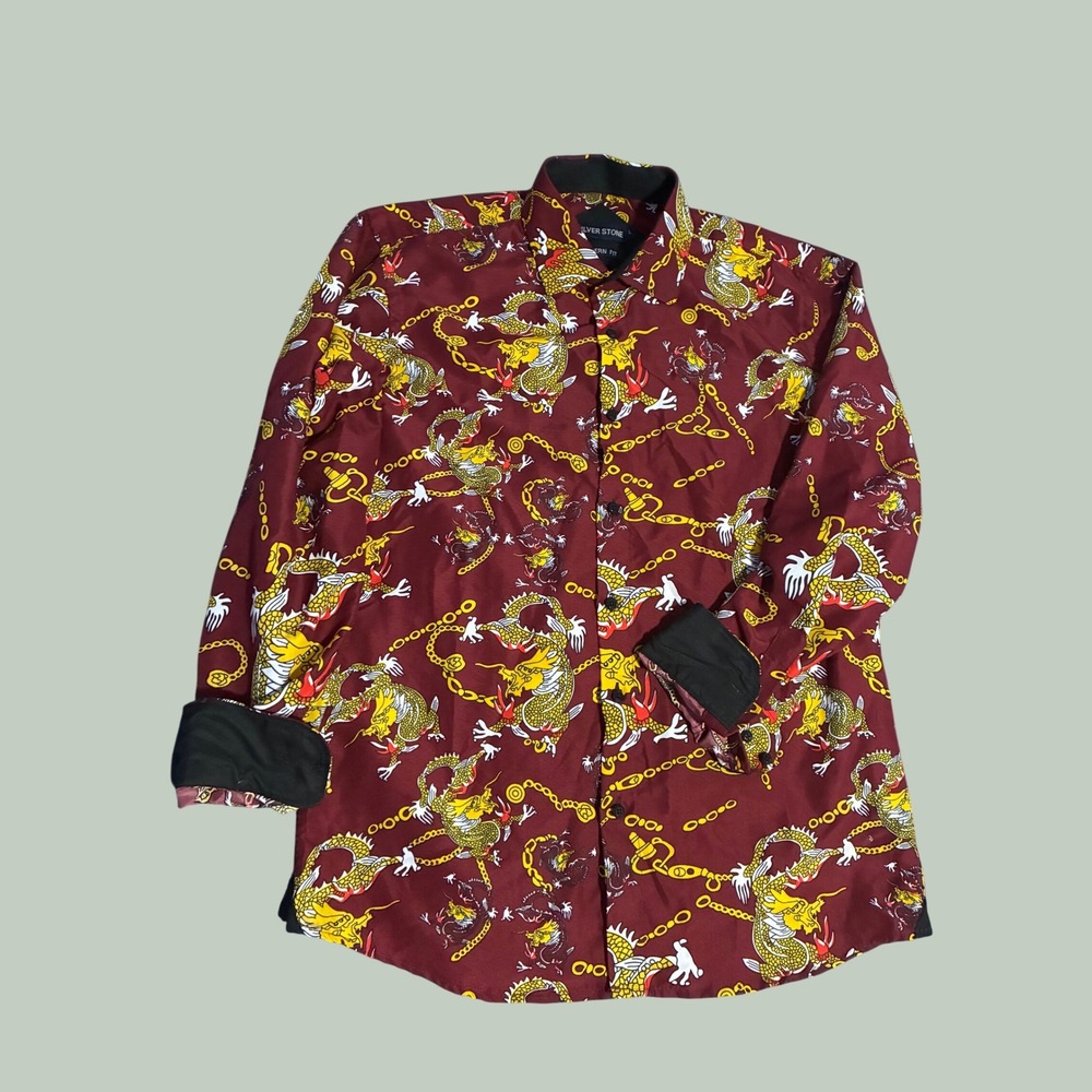 Silver Stone Mens Modern Fit Dragon Chain Print Button Up Shirt Burgundy Large